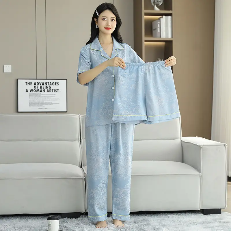 Ice Silk Satin Pajamas Women's Shorts Three-Piece Set Women's Summer Silk Cationic Home Wear Style Can Be Worn Outside — feature 33
