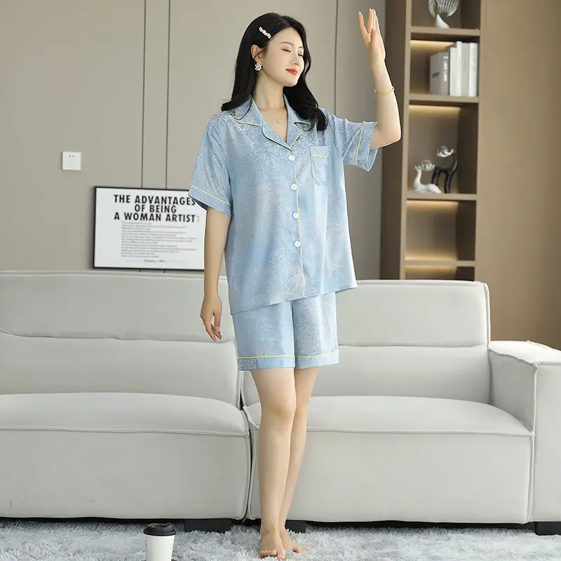 Ice Silk Satin Pajamas Women's Shorts Three-Piece Set Women's Summer Silk Cationic Home Wear Style Can Be Worn Outside — feature 37