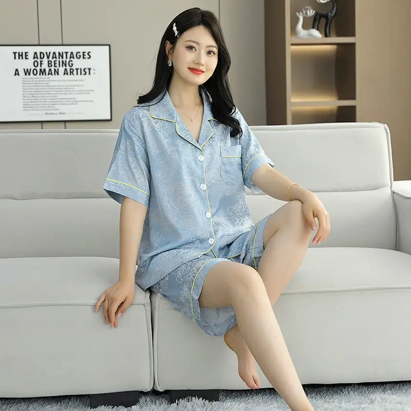 Ice Silk Satin Pajamas Women's Shorts Three-Piece Set Women's Summer Silk Cationic Home Wear Style Can Be Worn Outside — feature 39