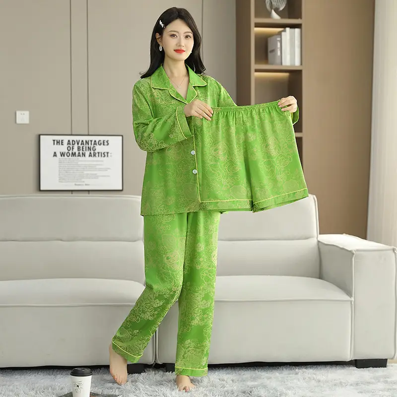 Ice Silk Satin Pajamas Women's Shorts Three-Piece Set Women's Summer Silk Cationic Home Wear Style Can Be Worn Outside — feature 40