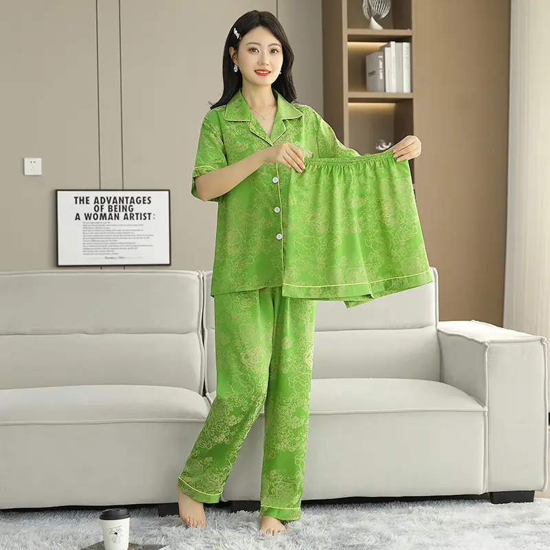Ice Silk Satin Pajamas Women's Shorts Three-Piece Set Women's Summer Silk Cationic Home Wear Style Can Be Worn Outside — feature 43