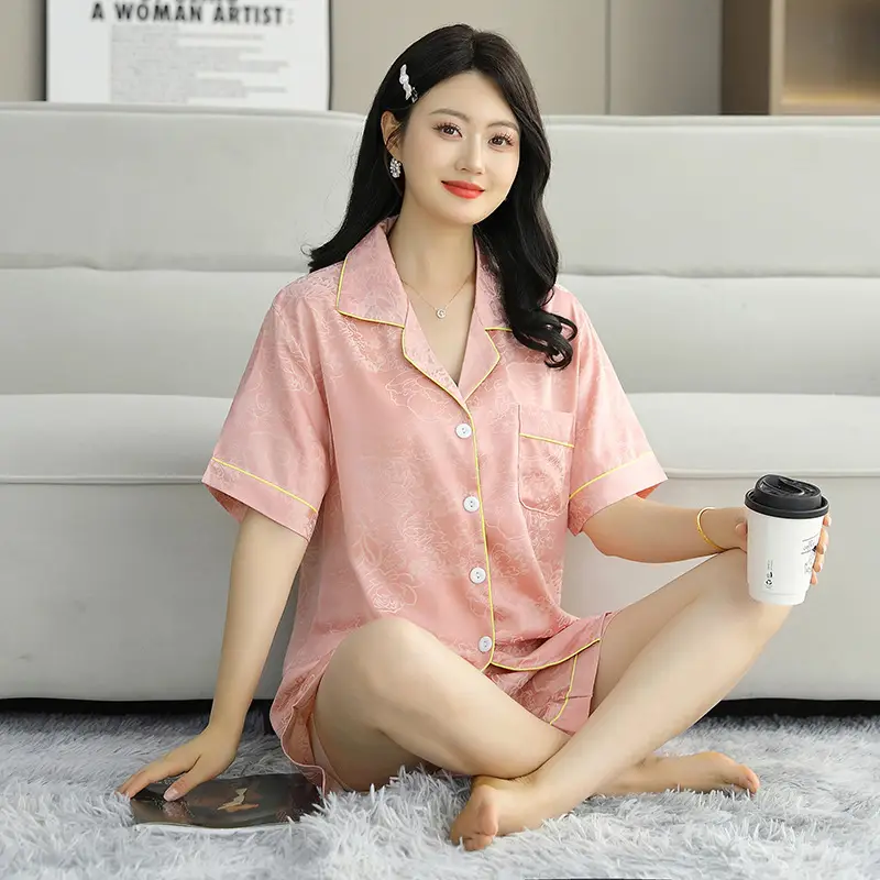Ice Silk Satin Pajamas Women's Shorts Three-Piece Set Women's Summer Silk Cationic Home Wear Style Can Be Worn Outside