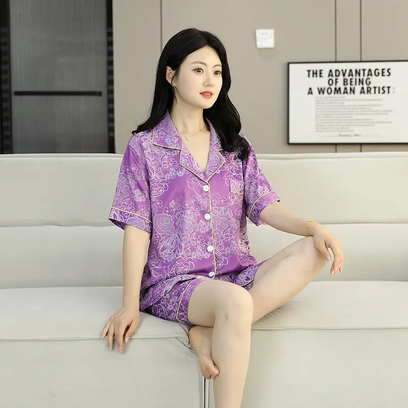 Ice Silk Satin Pajamas Women's Shorts Three-Piece Set Women's Summer Silk Cationic Home Wear Style Can Be Worn Outside