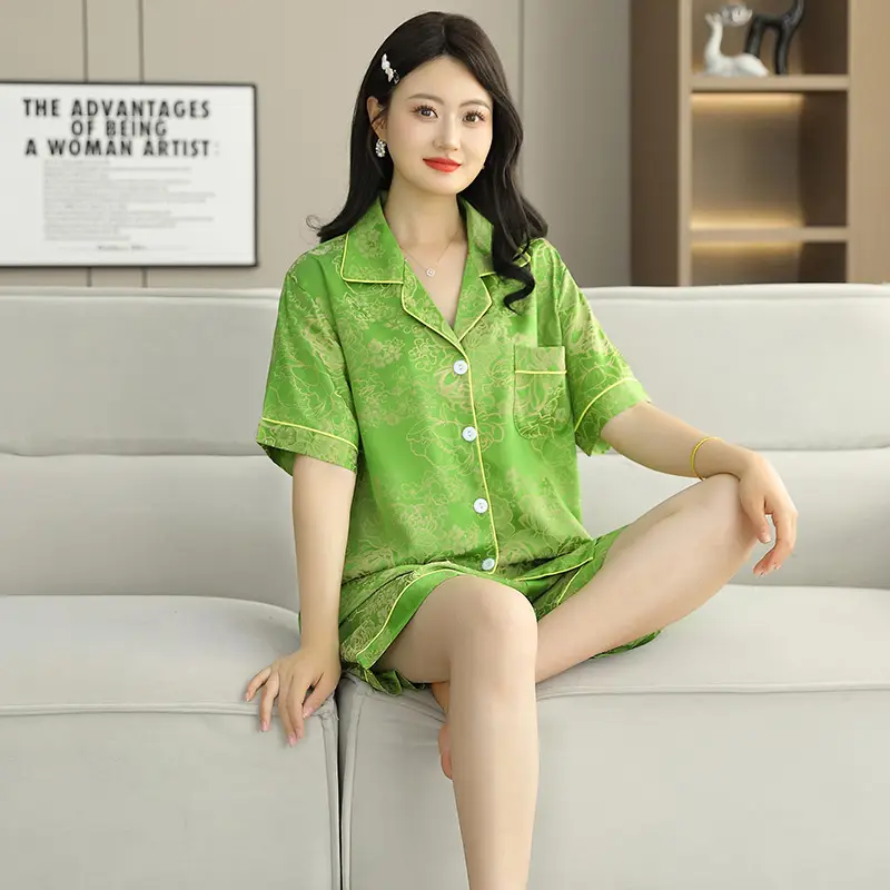 Ice Silk Satin Pajamas Women's Shorts Three-Piece Set Women's Summer Silk Cationic Home Wear Style Can Be Worn Outside