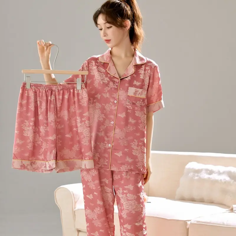 Ice Silk Satin Pajamas Women's Shorts Three-Piece Set Women's Summer Silk Cationic Home Wear Style Can Be Worn Outside