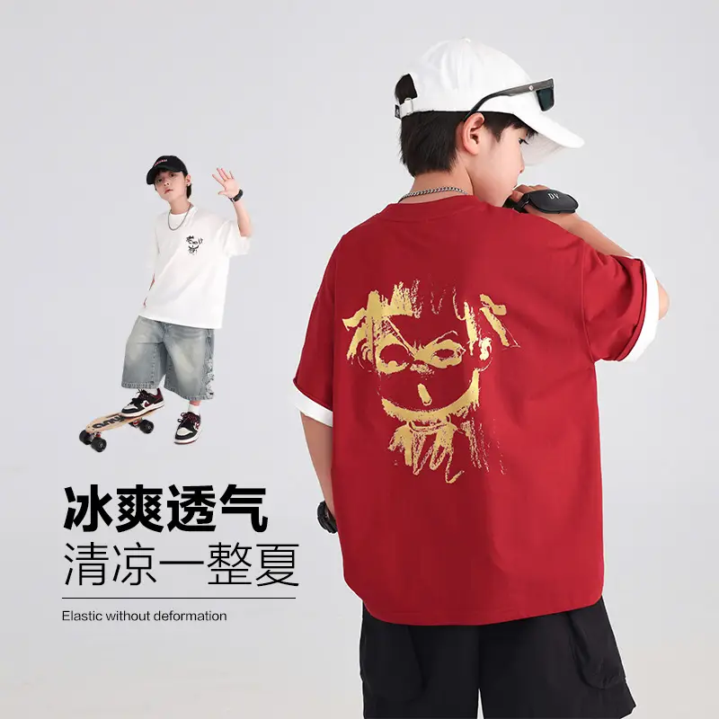 Boys Red Nezha T-Shirt 2026 Summer Loose Fit