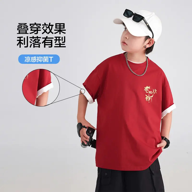 Boys Red Nezha T-Shirt 2026 Summer Loose Fit
