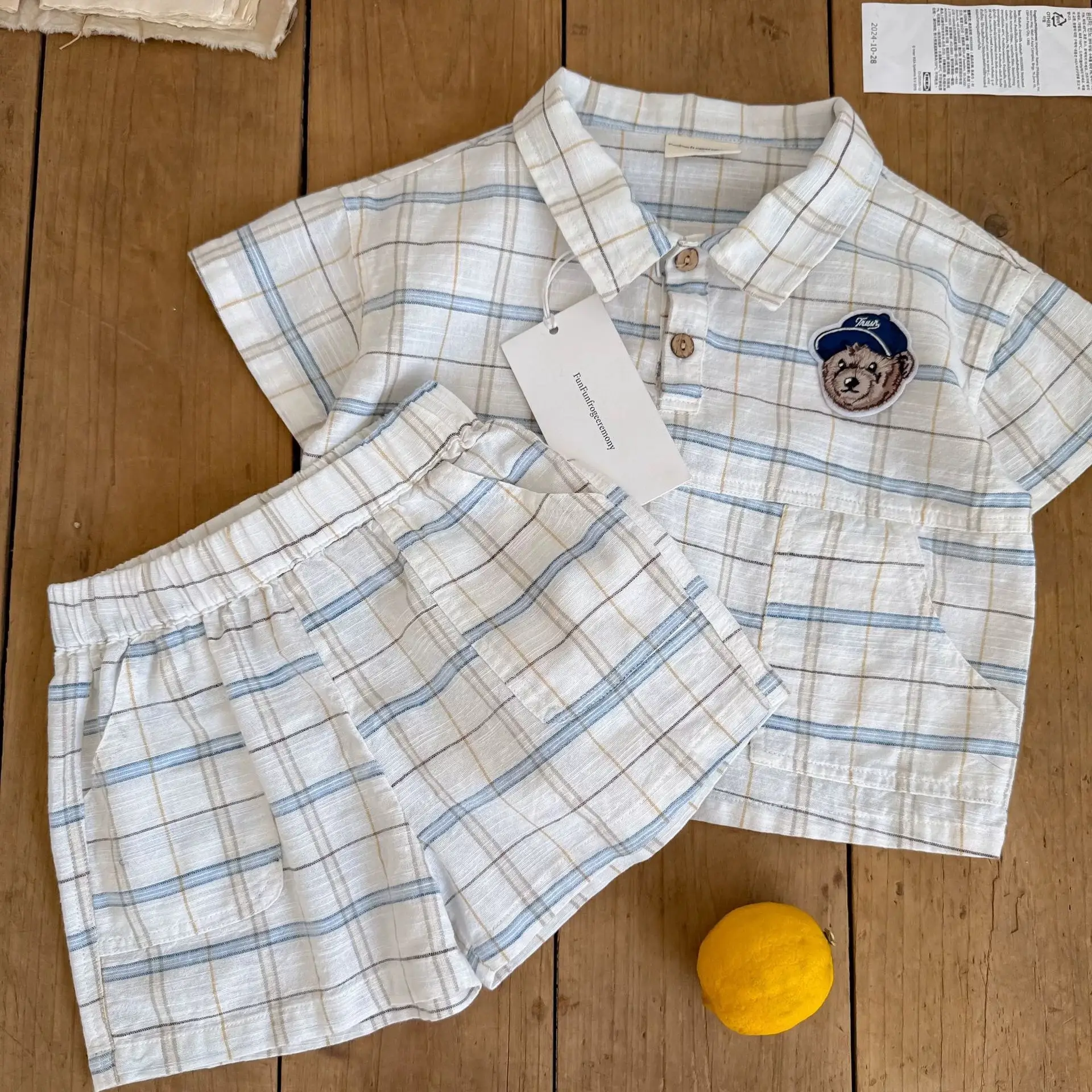 2025 Summer Boys Plaid Shorts Set Cream Red - Image 5