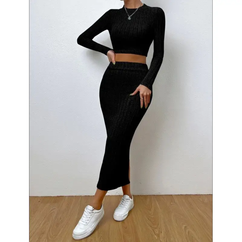 2025 European and American Clothing Amazon Spring Casual Fashion Round Neck Long-Sleeved Hip Skirt Knitted Suit