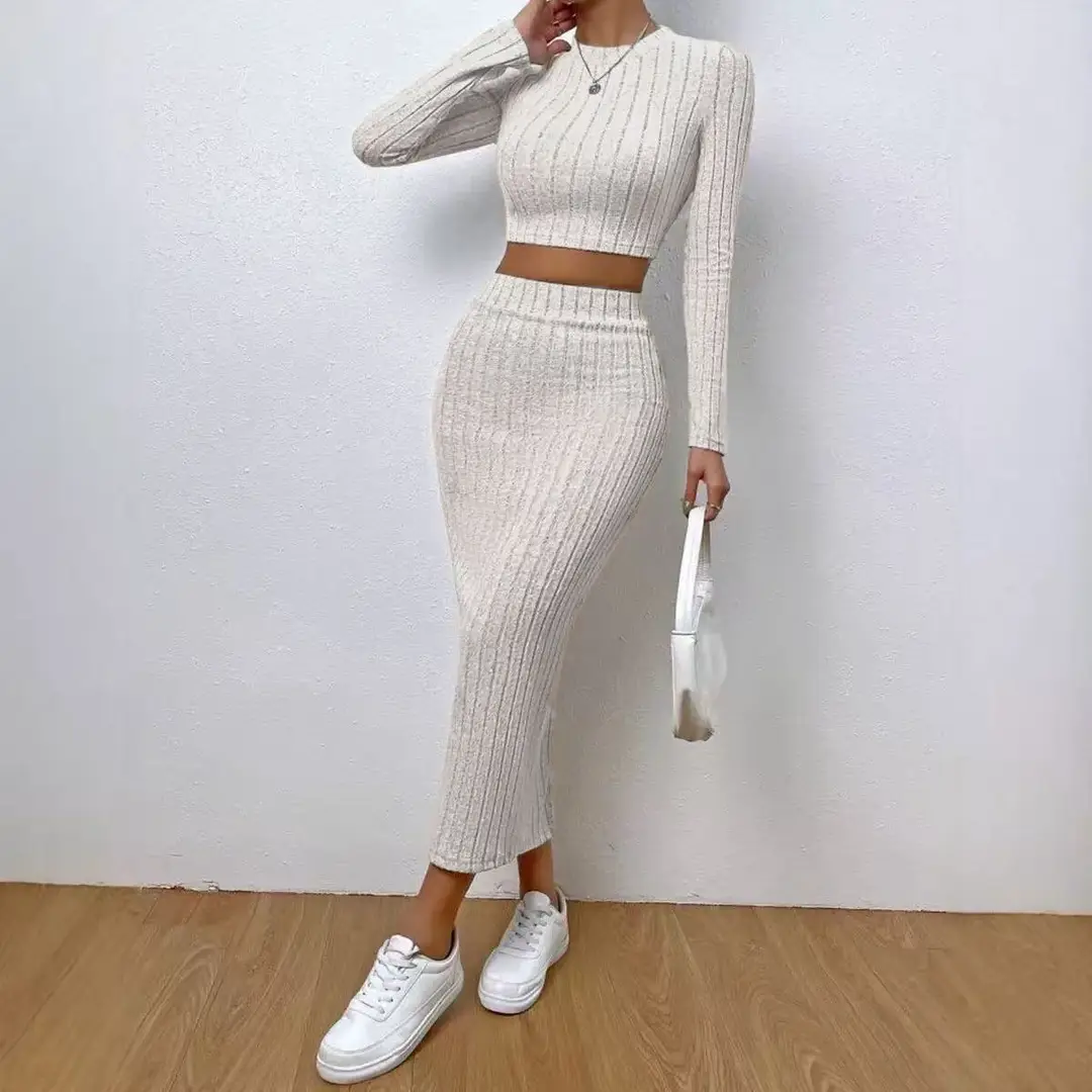 2025 European and American Clothing Amazon Spring Casual Fashion Round Neck Long-Sleeved Hip Skirt Knitted Suit