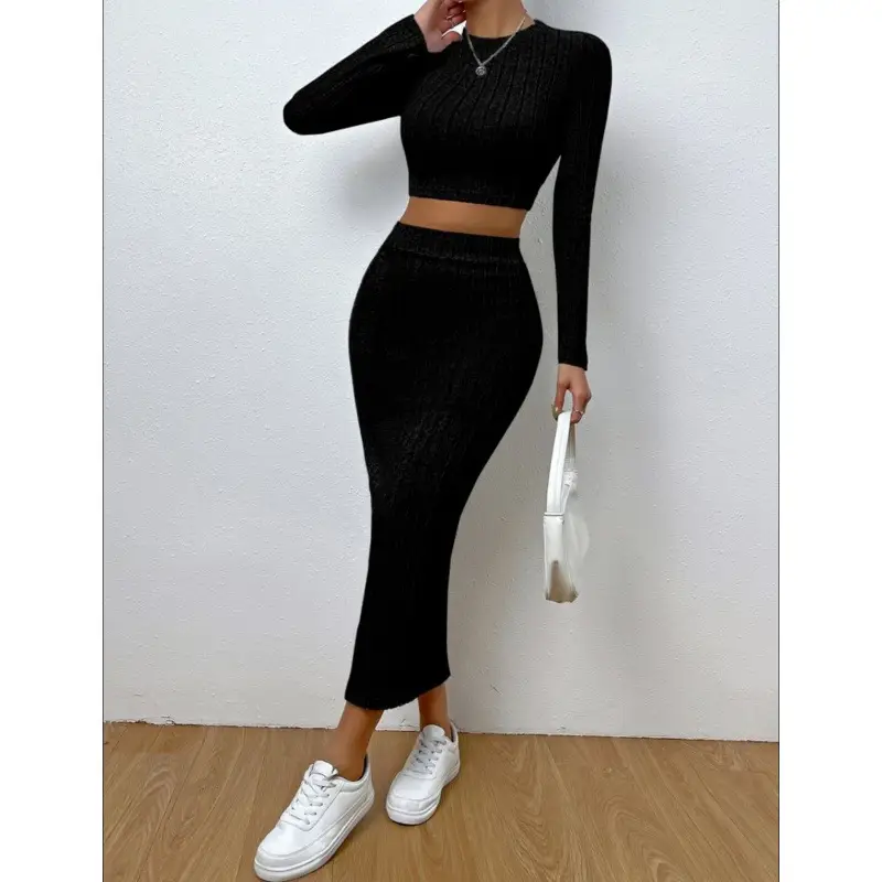 2025 European and American Clothing Amazon Spring Casual Fashion Round Neck Long-Sleeved Hip Skirt Knitted Suit