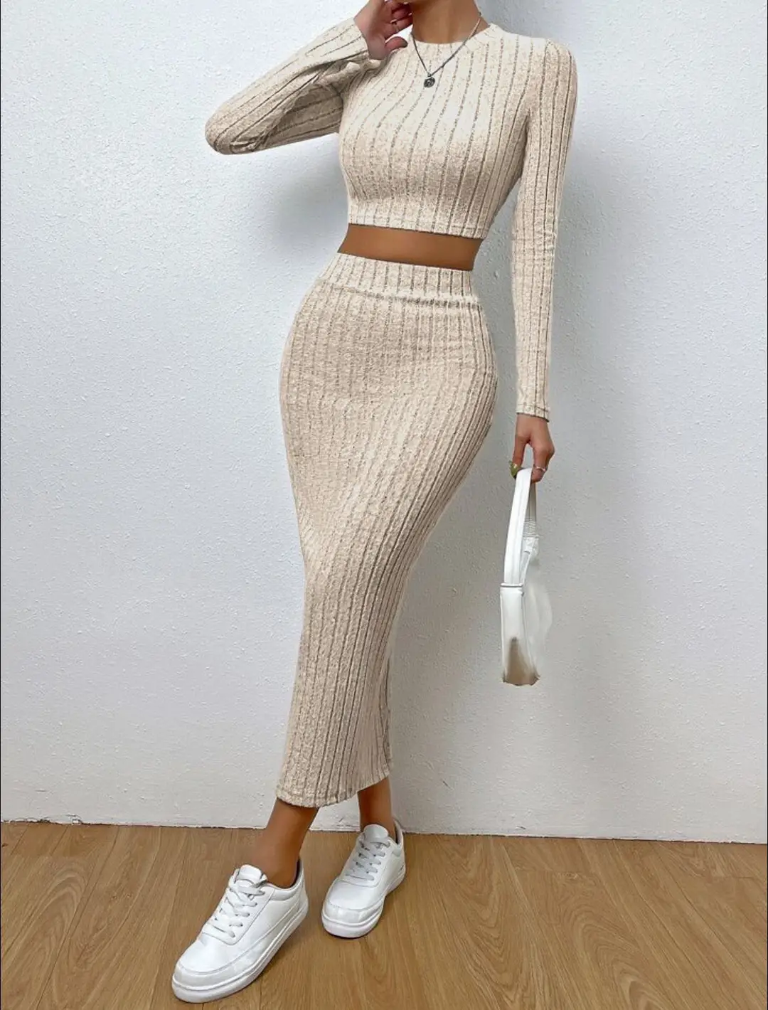 2025 European and American Clothing Amazon Spring Casual Fashion Round Neck Long-Sleeved Hip Skirt Knitted Suit