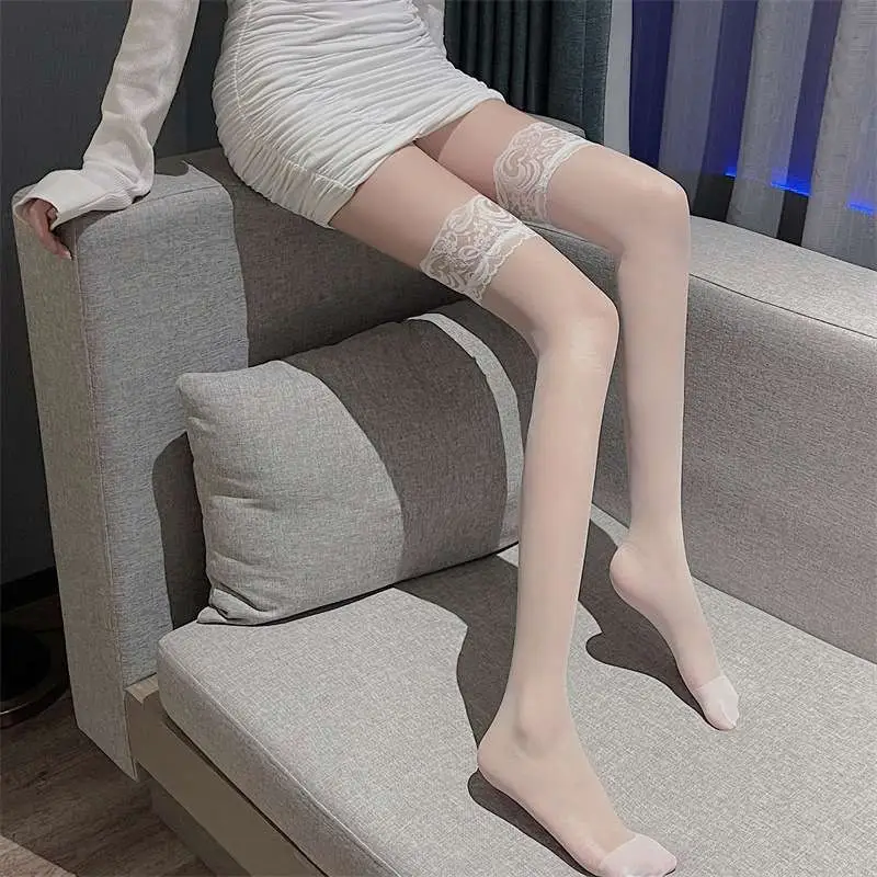 Black Lace Non-Slip High-Top Half-Knee Stockings, Feminine Black Stockings, Long Thigh Stockings, Half-Tube White Stockings