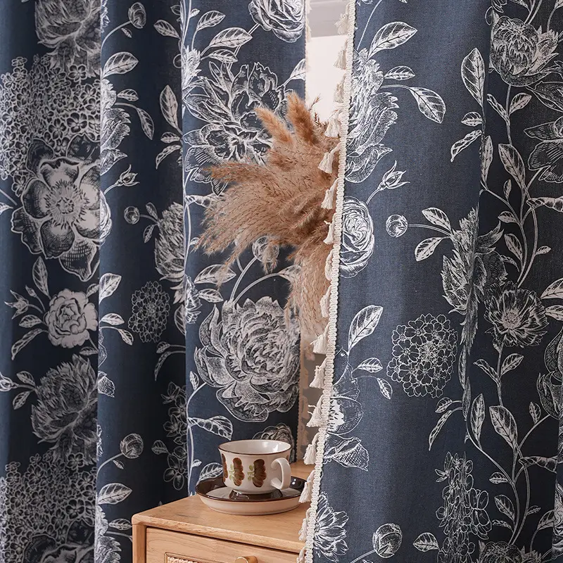 Retro Dark Blue French Curtain Decorative Bedroom Living Room - Image 6