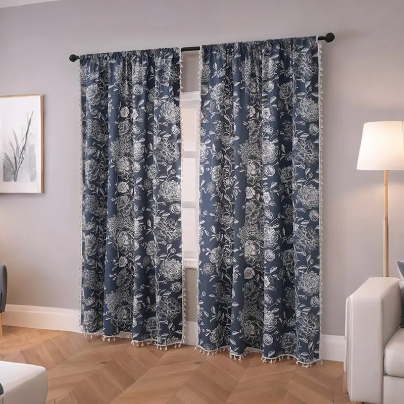 Retro Dark Blue French Curtain Decorative Bedroom Living Room