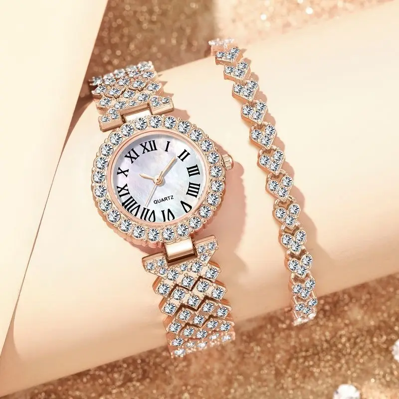Trendy Diamond Women's Watch with Roman Numeral Quartz Bracelet - Image 12