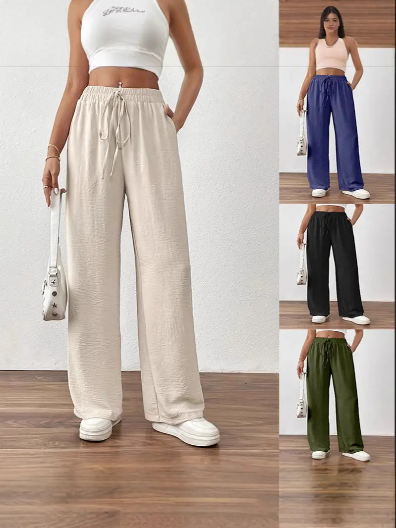 Wide Leg Trousers for Women Blue Drawstring Elastic Waist - Image 6