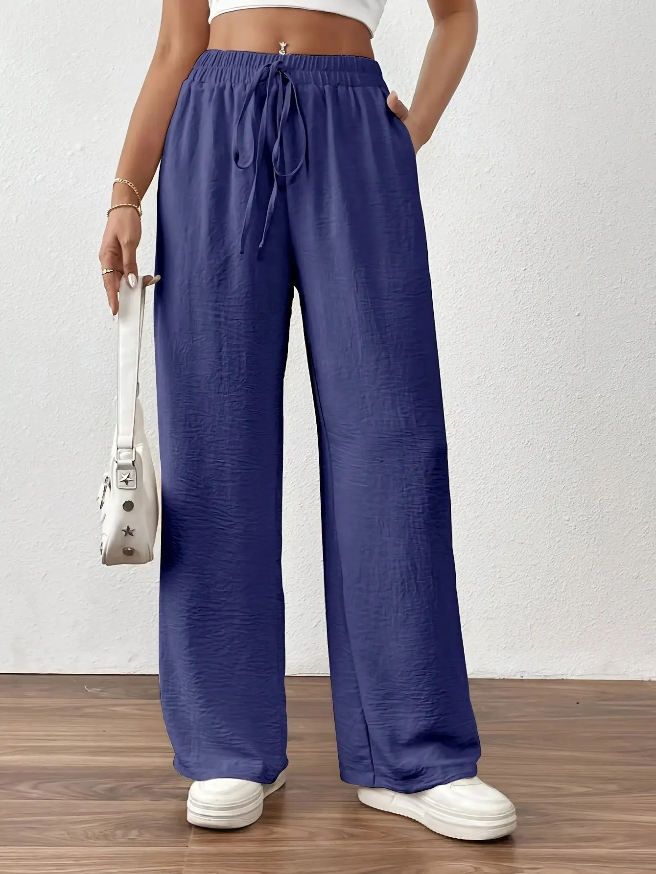 Wide Leg Trousers for Women Blue Drawstring Elastic Waist - Image 7