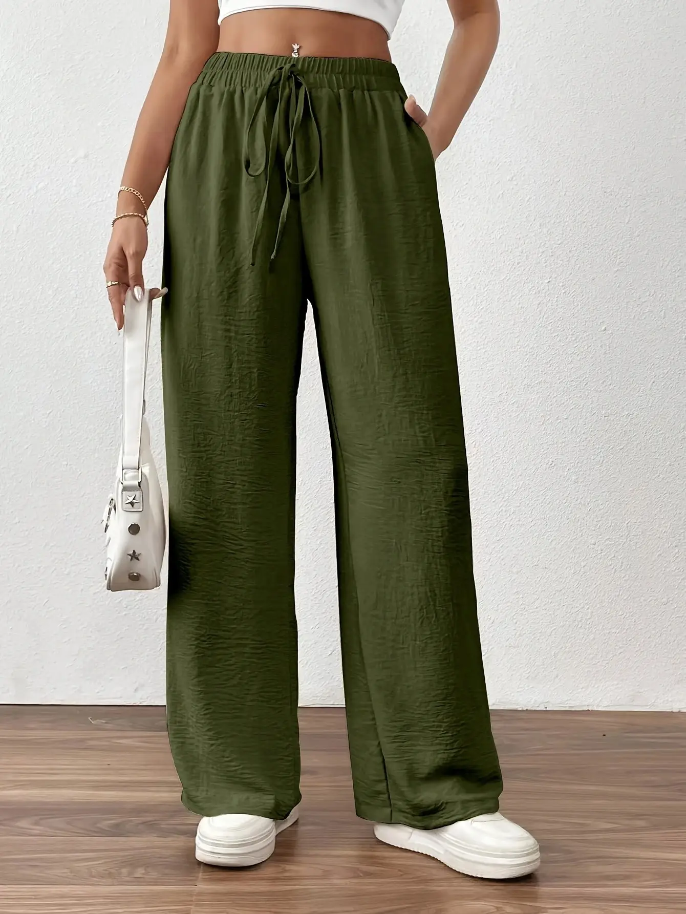 Wide Leg Trousers for Women Blue Drawstring Elastic Waist - Image 10
