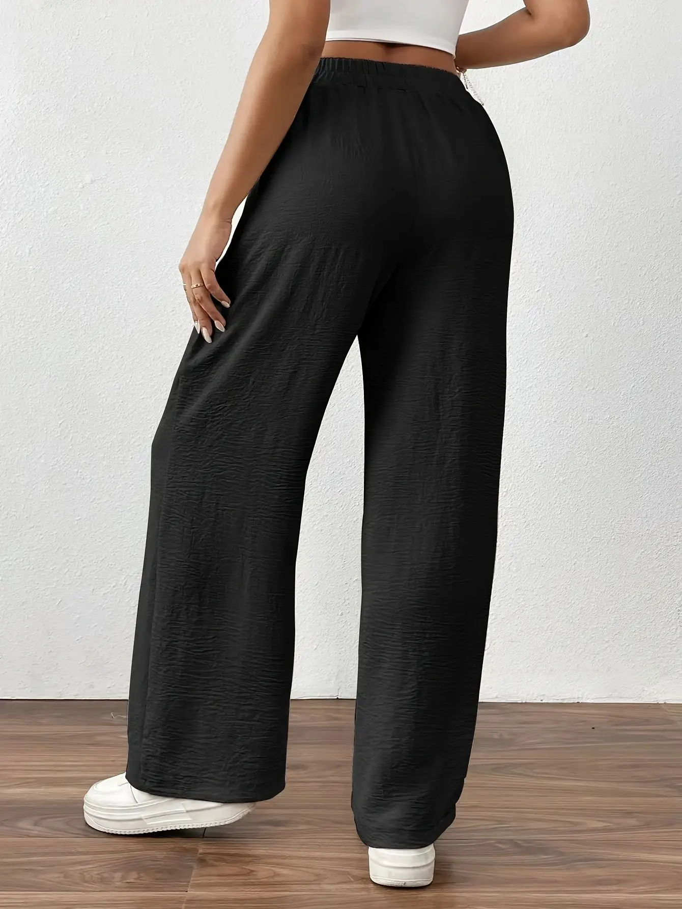 Wide Leg Trousers for Women Blue Drawstring Elastic Waist — feature 10