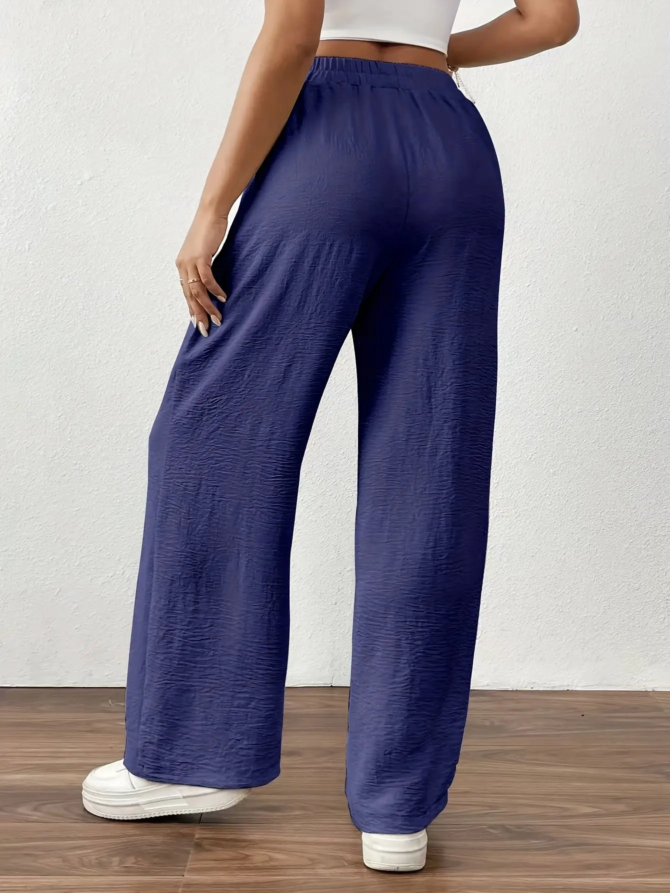 Wide Leg Trousers for Women Blue Drawstring Elastic Waist — feature 14