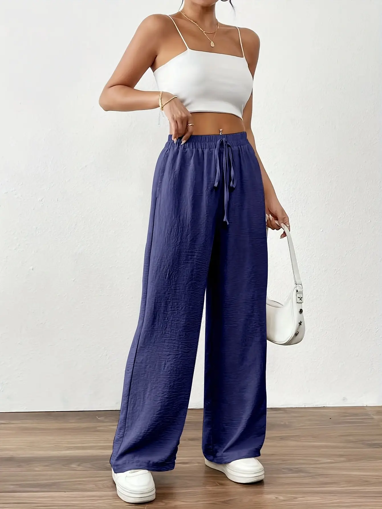 Wide Leg Trousers for Women Blue Drawstring Elastic Waist — feature 15