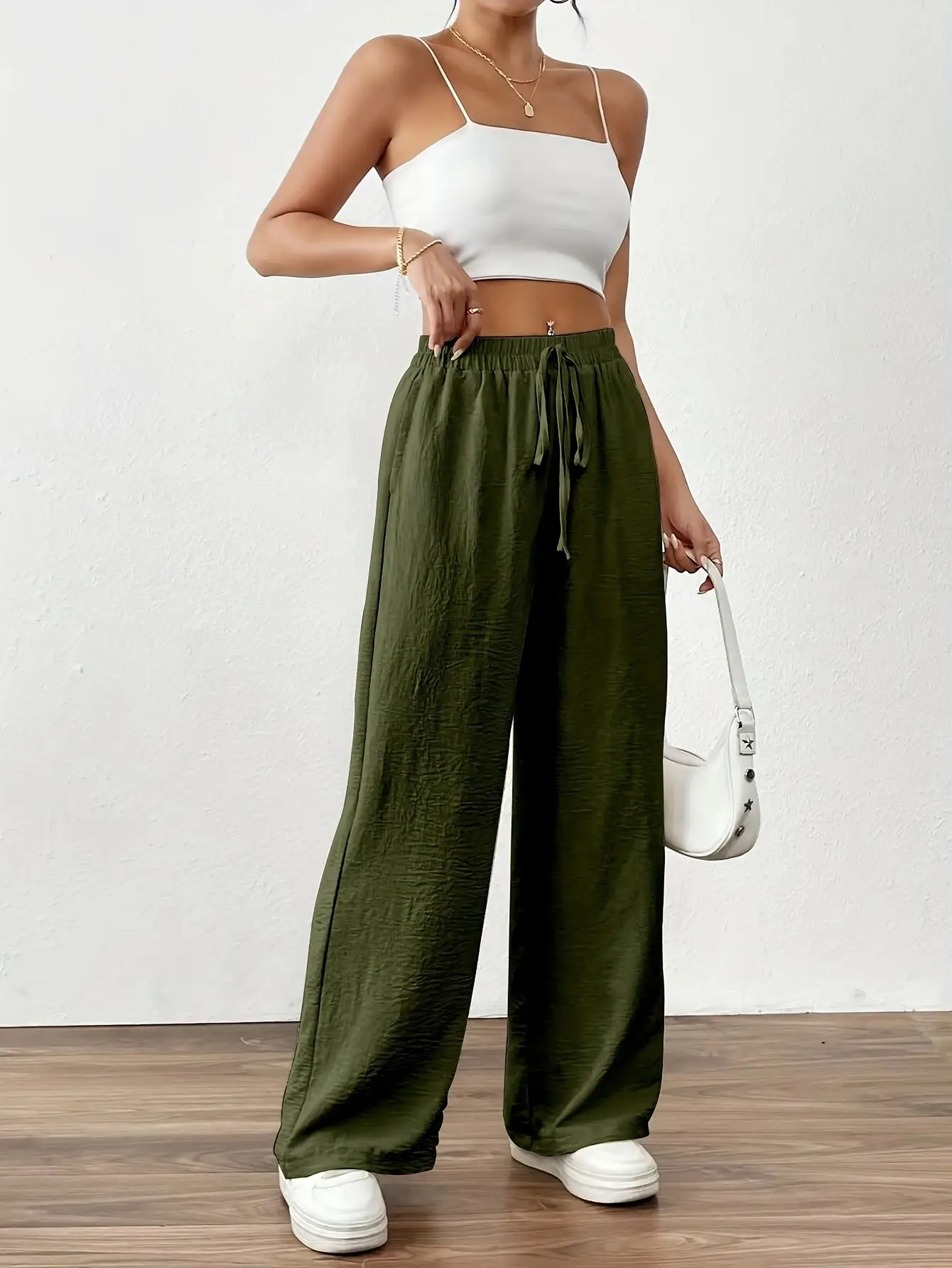 Wide Leg Trousers for Women Blue Drawstring Elastic Waist — feature 17