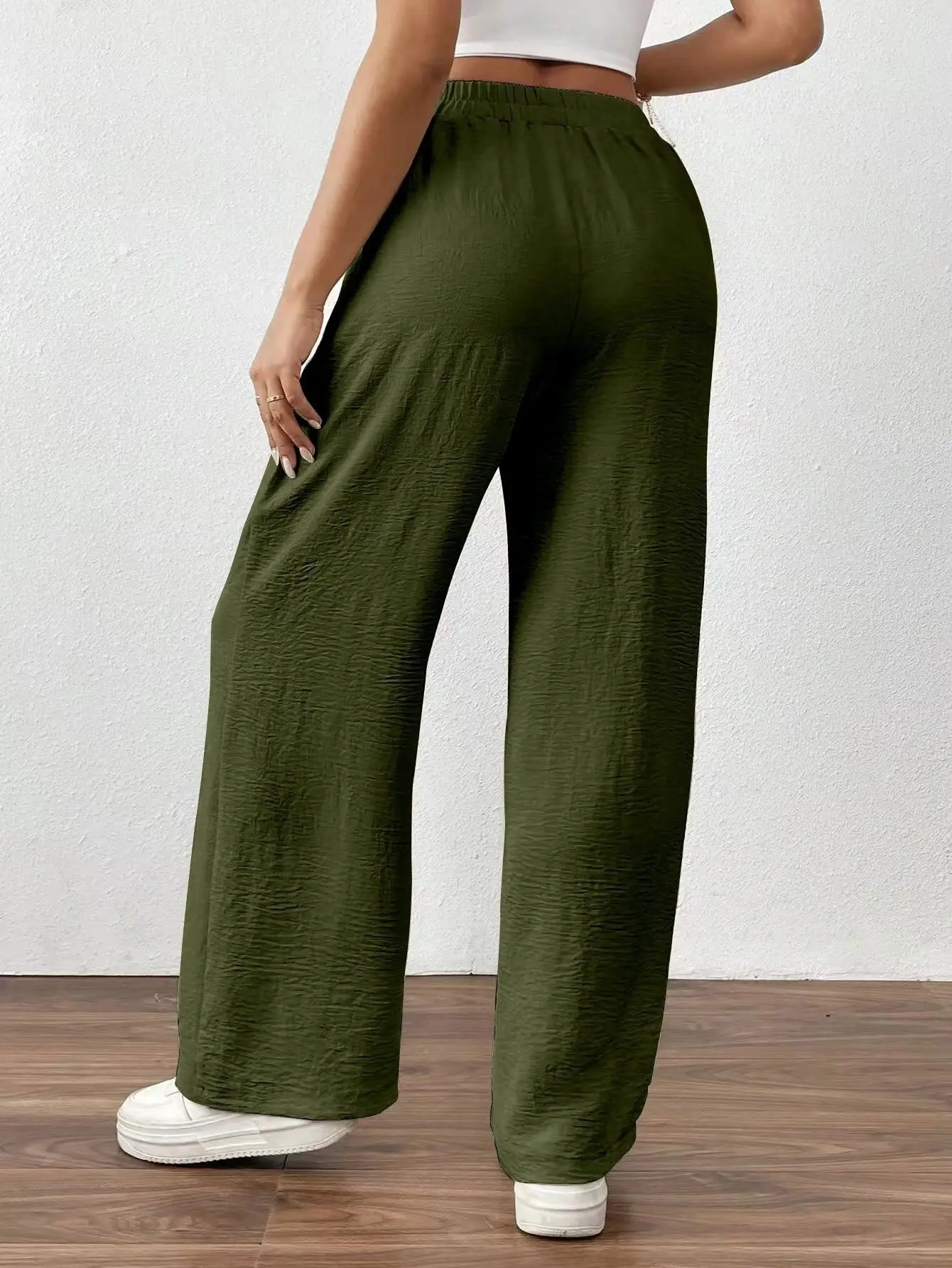 Wide Leg Trousers for Women Blue Drawstring Elastic Waist — feature 19