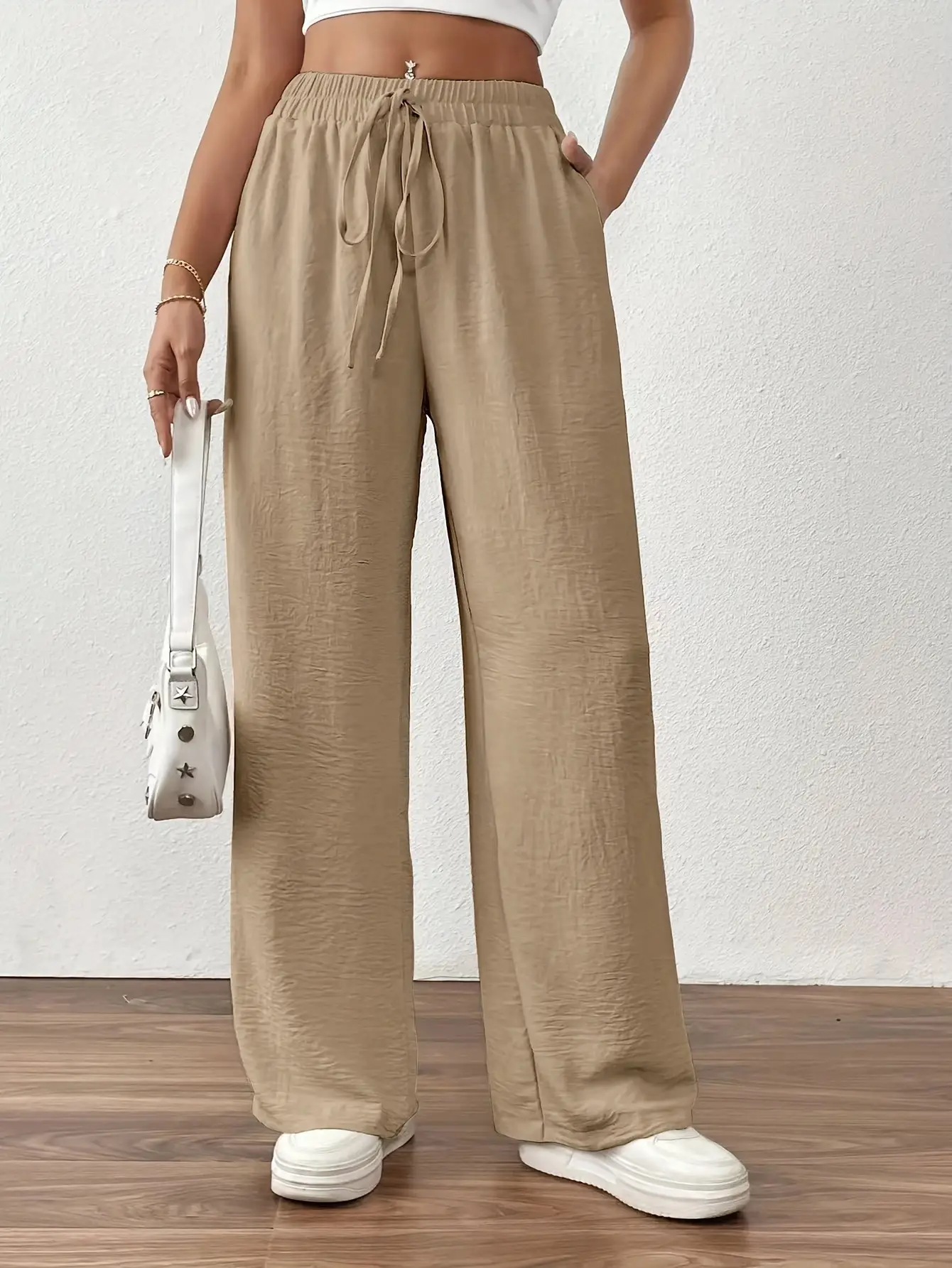 Wide Leg Trousers for Women Blue Drawstring Elastic Waist — feature 21