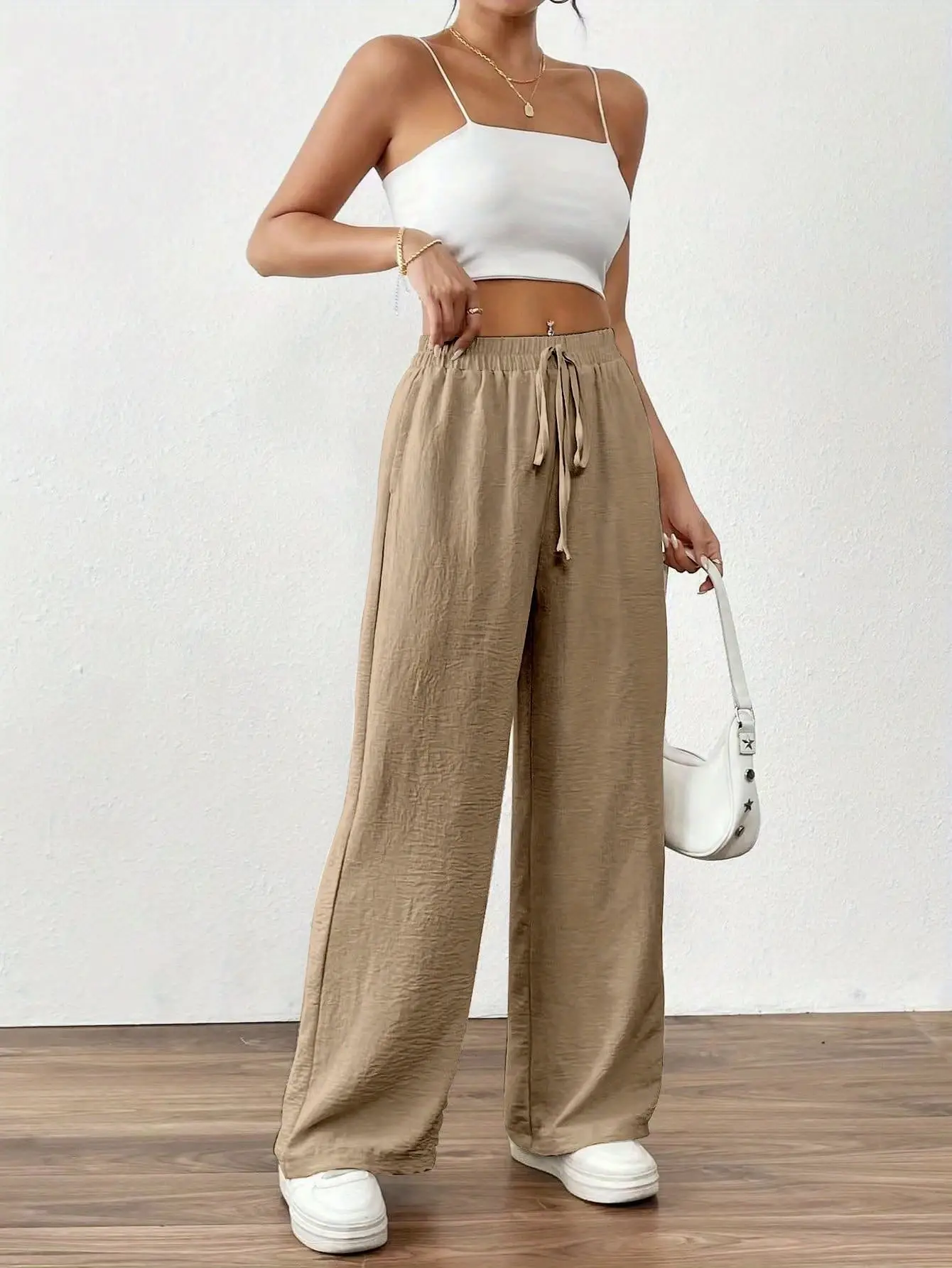 Wide Leg Trousers for Women Blue Drawstring Elastic Waist — feature 22