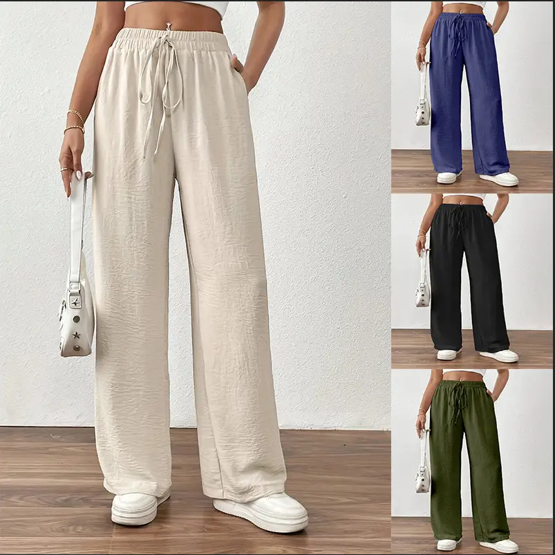 Wide Leg Trousers for Women Blue Drawstring Elastic Waist — feature 4