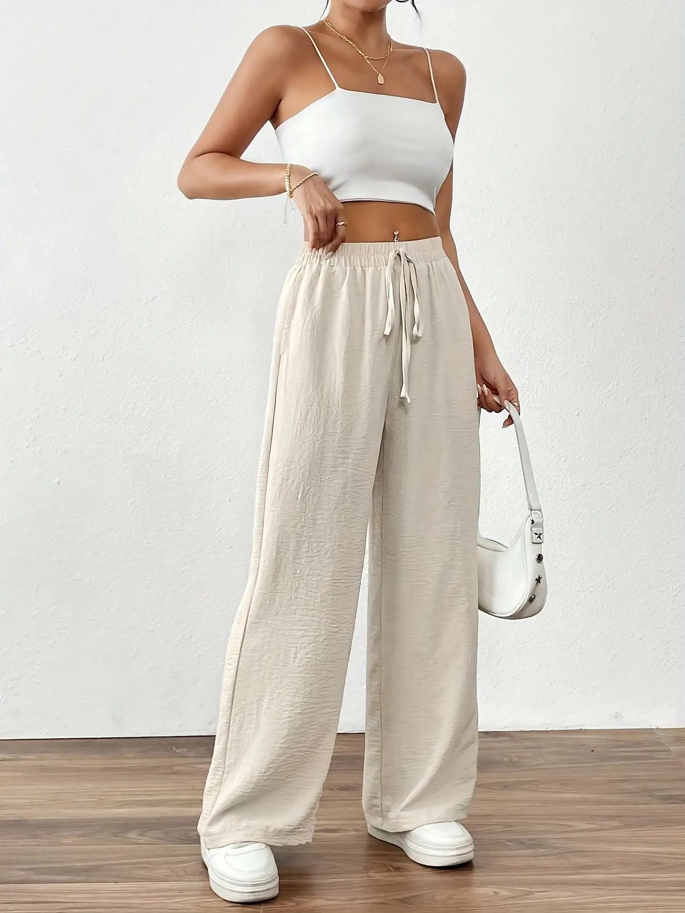 Wide Leg Trousers for Women Blue Drawstring Elastic Waist — feature 6
