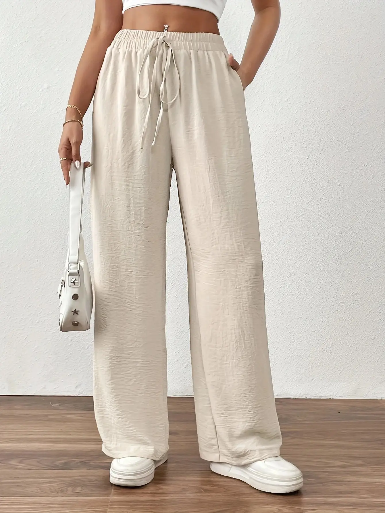 Wide Leg Trousers for Women Blue Drawstring Elastic Waist — feature 7