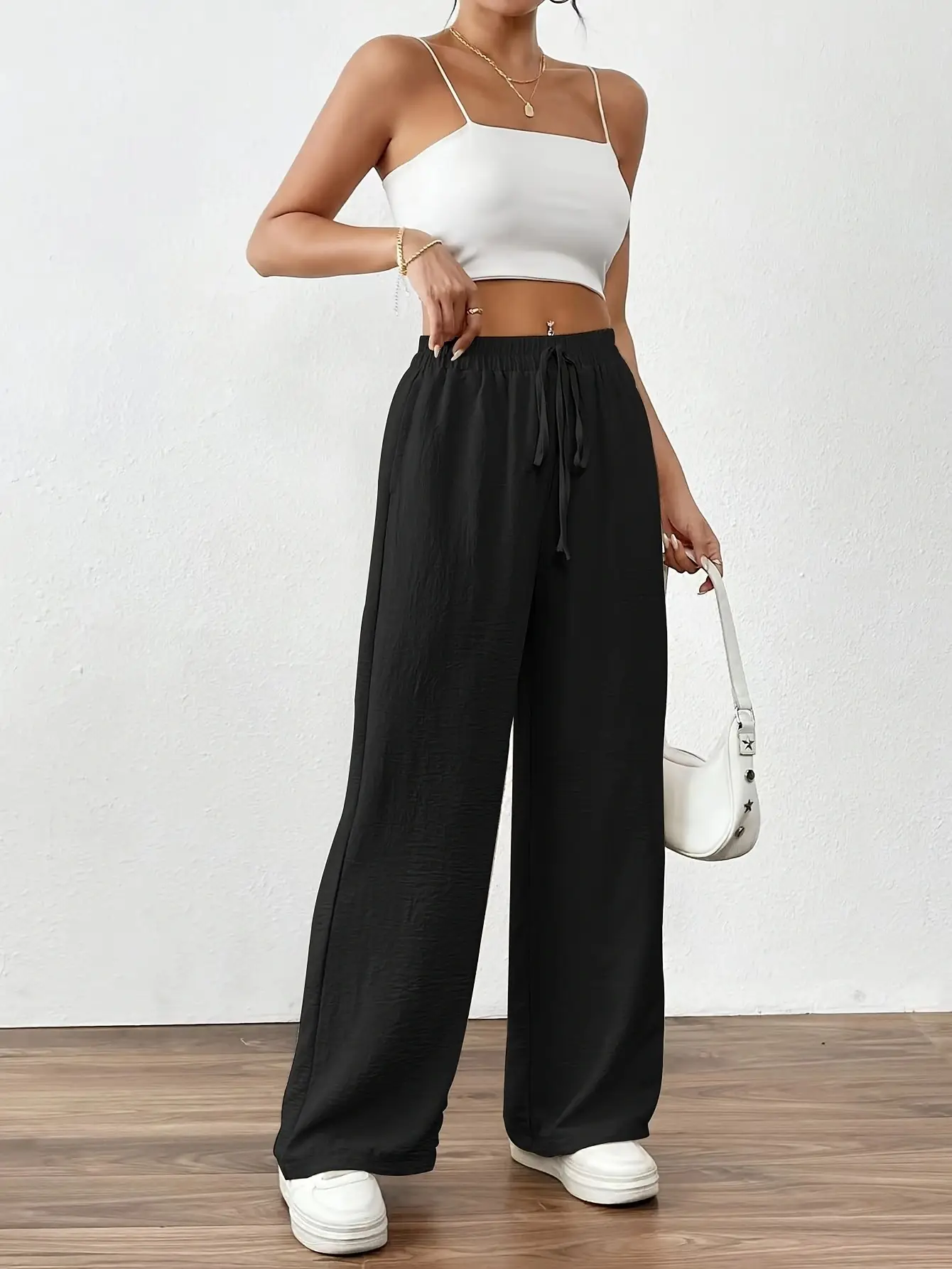 Wide Leg Trousers for Women Blue Drawstring Elastic Waist — feature 8
