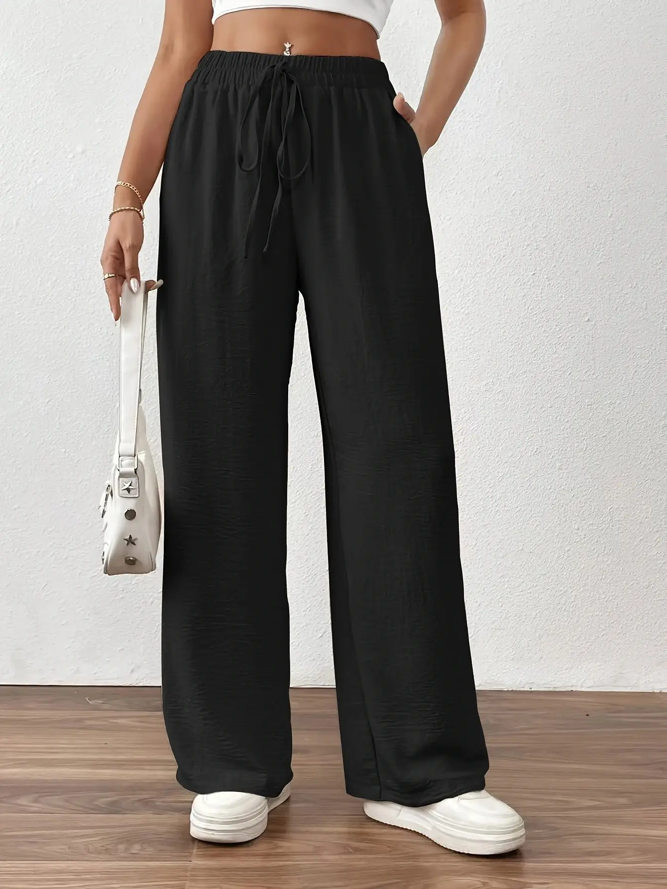 Wide Leg Trousers for Women Blue Drawstring Elastic Waist - Image 2