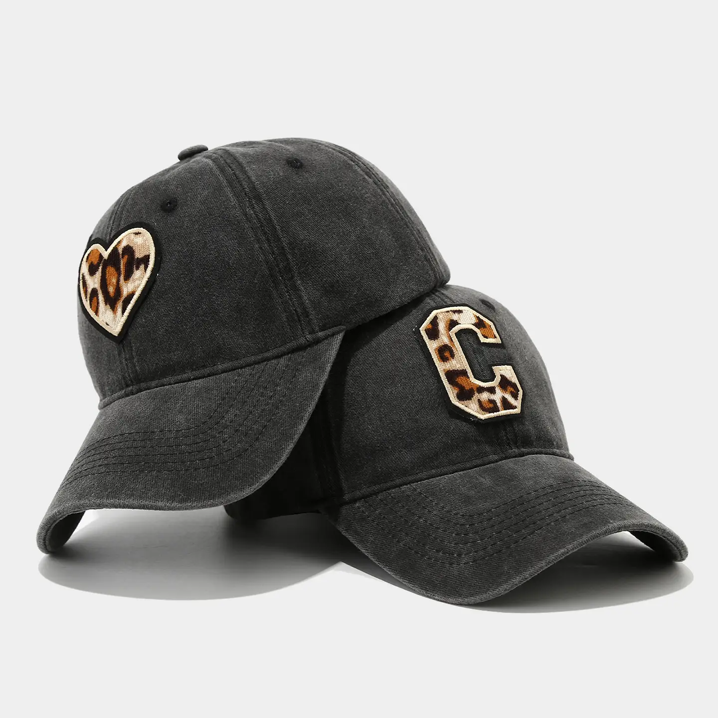 Black Leopard Print Cap with Heart Letter Design - Image 5
