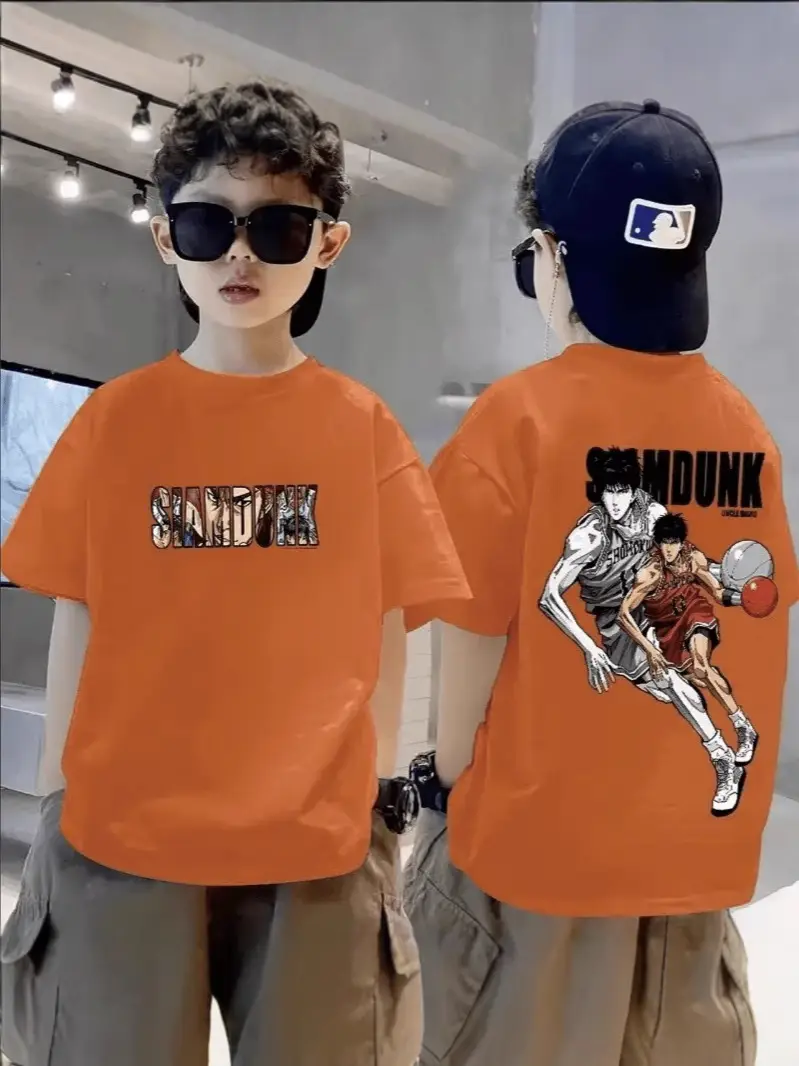 Boys 2025 Summer Top Slam Dunk T-Shirt Red - Image 10