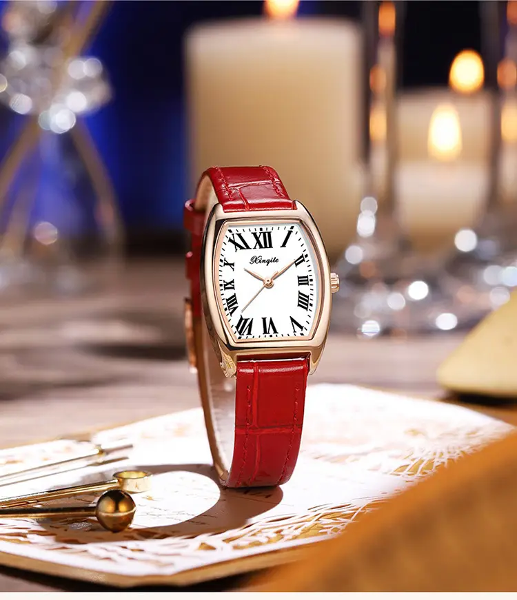 Women's Red Leather Watch with Roman Numeral — feature 3