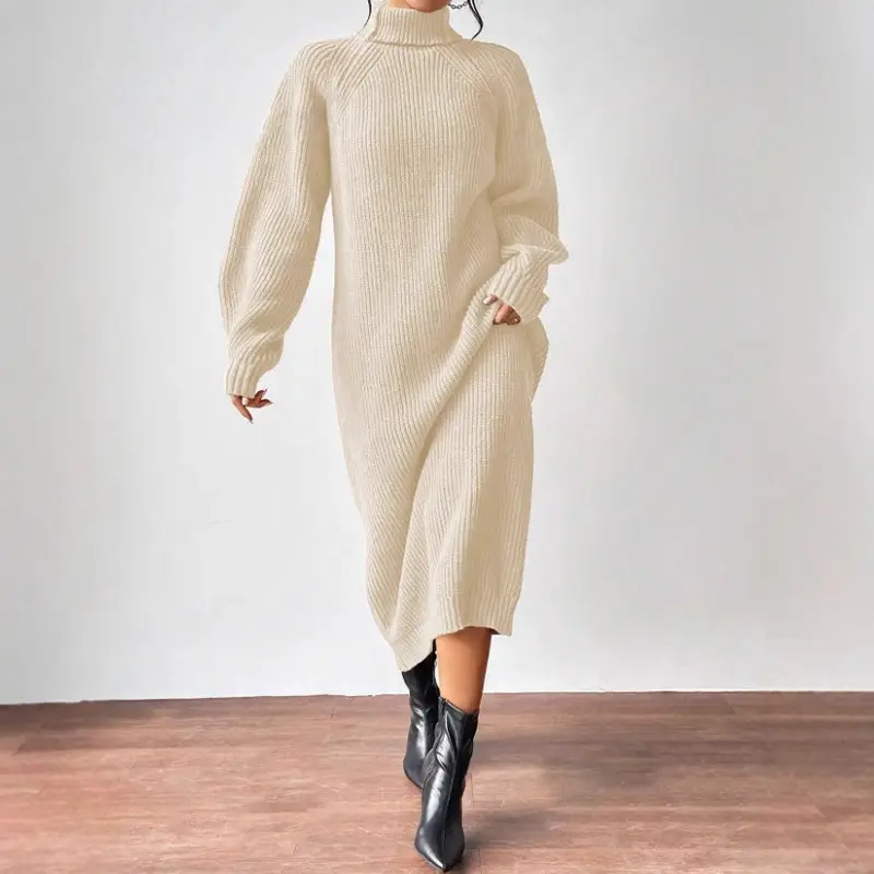 Amazon Cross-Border Foreign Trade Women's Sweater Dress Fashionable Pullover High-Neck Long-Sleeved Knitted Skirt Solid Color Long Inner Skirt