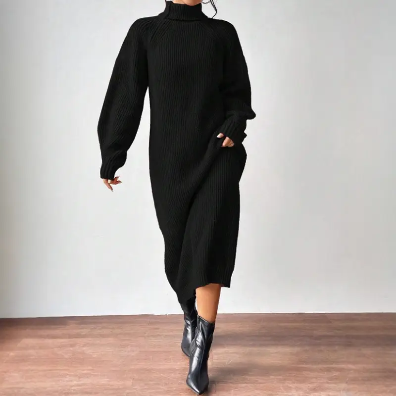 Amazon Cross-Border Foreign Trade Women's Sweater Dress Fashionable Pullover High-Neck Long-Sleeved Knitted Skirt Solid Color Long Inner Skirt