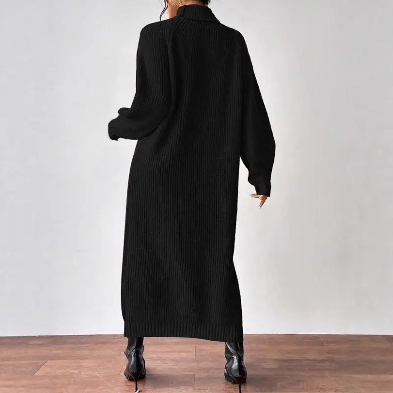 Amazon Cross-Border Foreign Trade Women's Sweater Dress Fashionable Pullover High-Neck Long-Sleeved Knitted Skirt Solid Color Long Inner Skirt