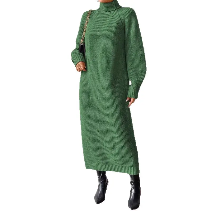 Amazon Cross-Border Foreign Trade Women's Sweater Dress Fashionable Pullover High-Neck Long-Sleeved Knitted Skirt Solid Color Long Inner Skirt