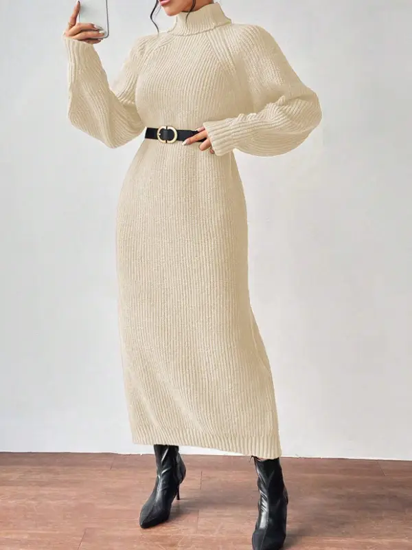 Amazon Cross-Border Foreign Trade Women's Sweater Dress Fashionable Pullover High-Neck Long-Sleeved Knitted Skirt Solid Color Long Inner Skirt — feature 6