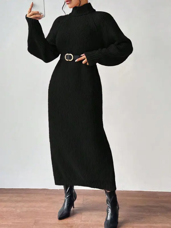 Amazon Cross-Border Foreign Trade Women's Sweater Dress Fashionable Pullover High-Neck Long-Sleeved Knitted Skirt Solid Color Long Inner Skirt — feature 8