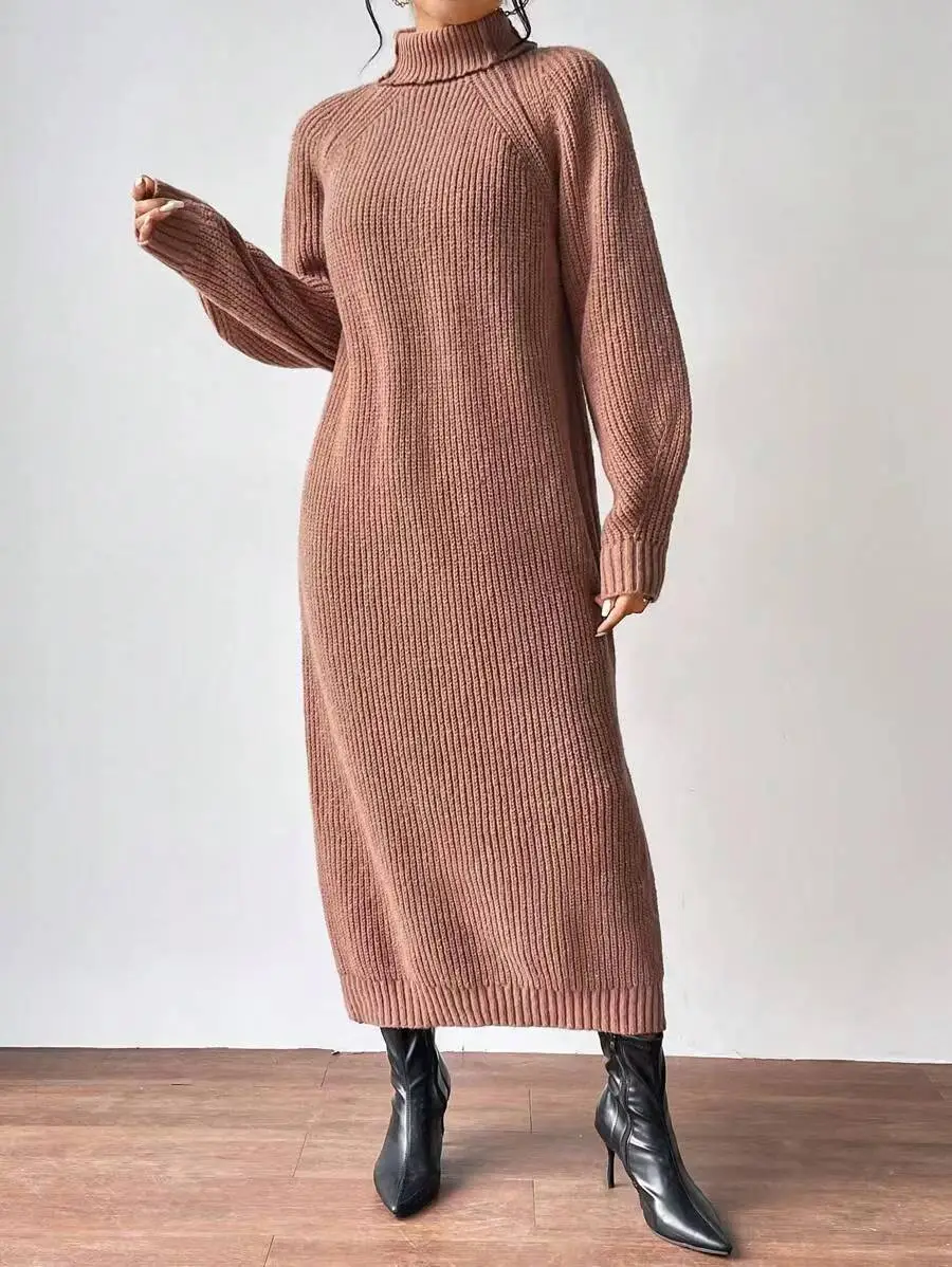 Amazon Cross-Border Foreign Trade Women's Sweater Dress Fashionable Pullover High-Neck Long-Sleeved Knitted Skirt Solid Color Long Inner Skirt