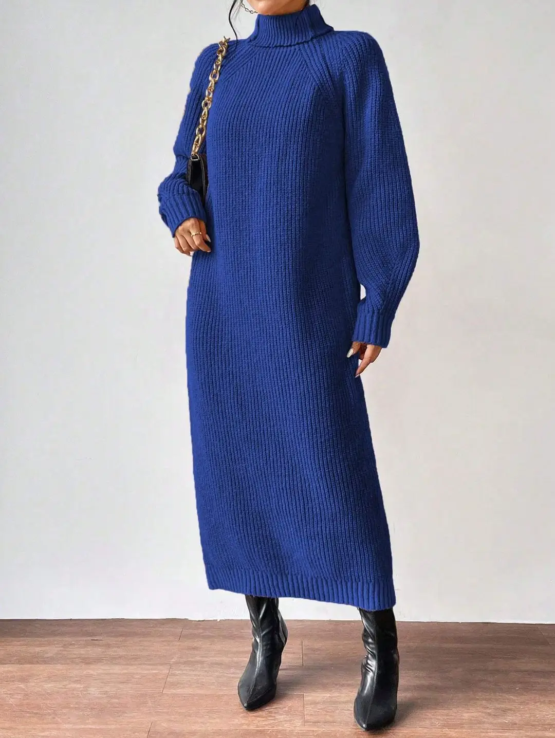 Amazon Cross-Border Foreign Trade Women's Sweater Dress Fashionable Pullover High-Neck Long-Sleeved Knitted Skirt Solid Color Long Inner Skirt