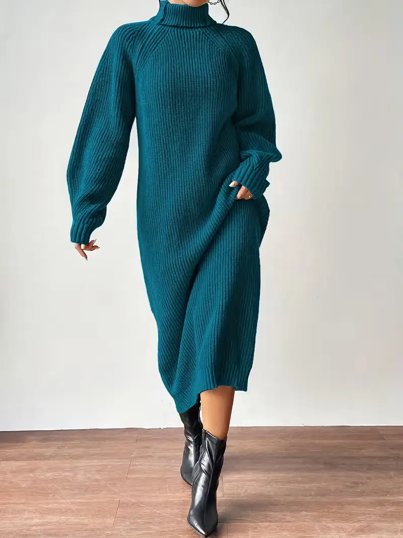 Amazon Cross-Border Foreign Trade Women's Sweater Dress Fashionable Pullover High-Neck Long-Sleeved Knitted Skirt Solid Color Long Inner Skirt