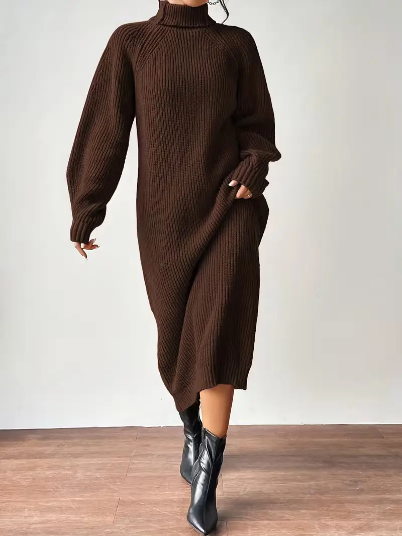 Amazon Cross-Border Foreign Trade Women's Sweater Dress Fashionable Pullover High-Neck Long-Sleeved Knitted Skirt Solid Color Long Inner Skirt
