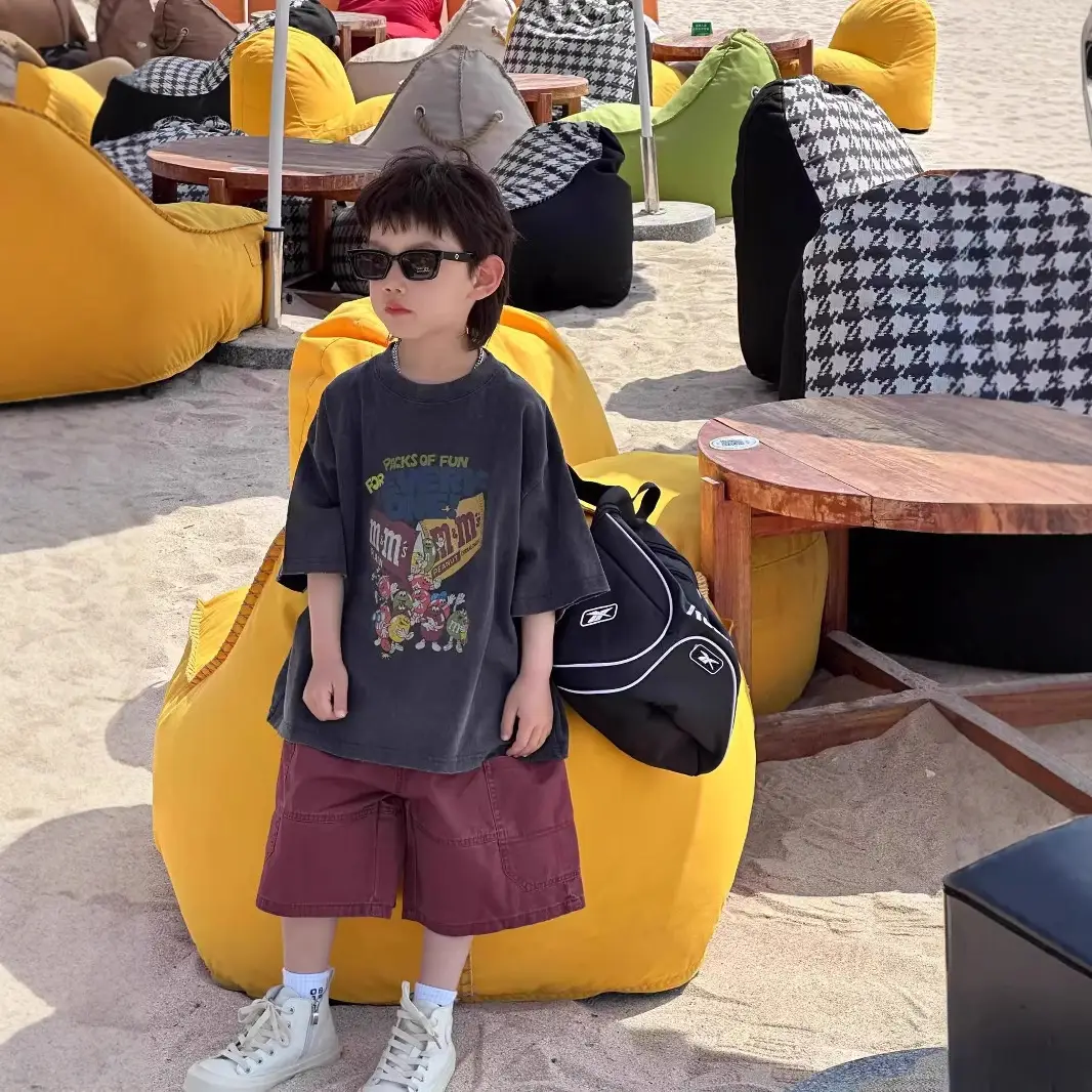 Boys Summer Cartoon Round Neck T-Shirt Maroon Shorts - Image 3