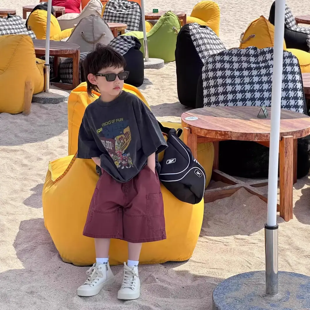 Boys Summer Cartoon Round Neck T-Shirt Maroon Shorts - Image 5